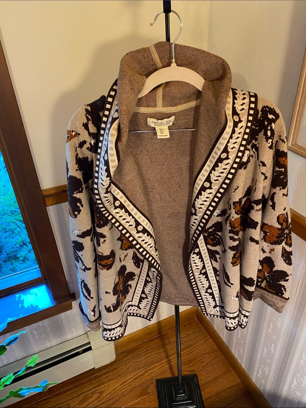 Rachel Zoe Neutral Patterned Open-Front Cardigan in Taupe, Brown & Cream